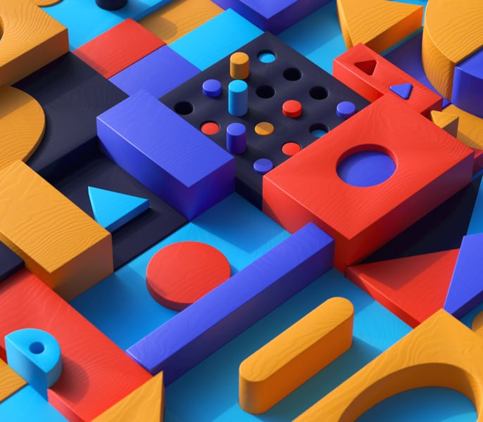Vivid red, blue, purple, and yellow wooden blocks